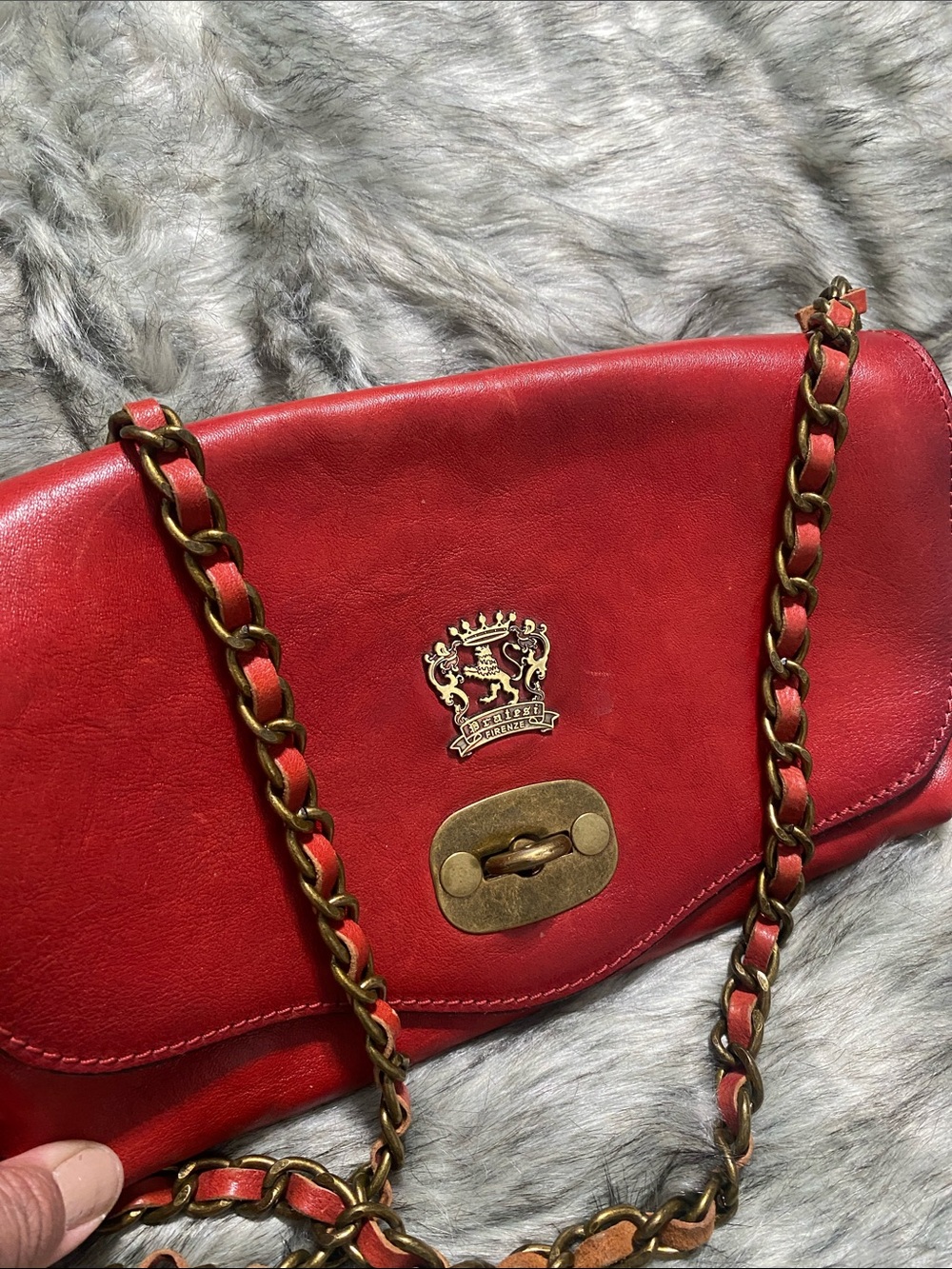 Red Leather Crossbody Bag with Brass Chain and Crest Hardware